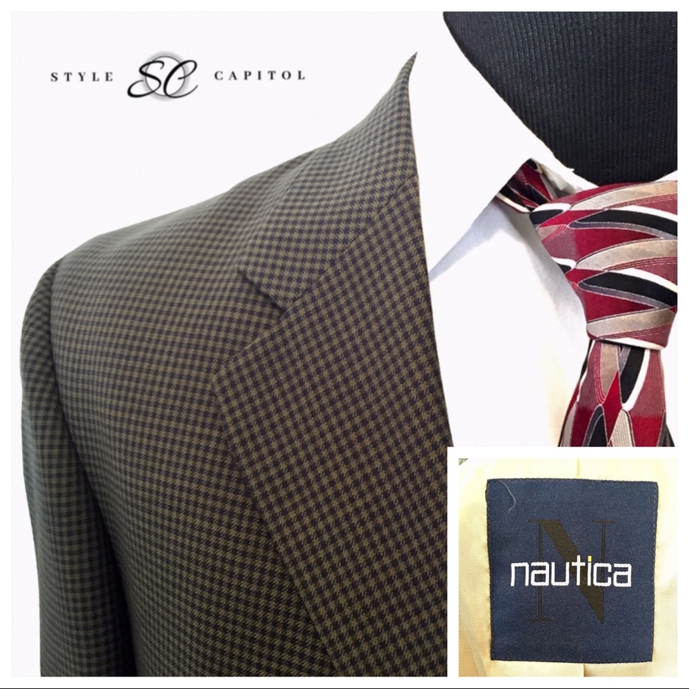 Nautica Mens 44R Olive Green Brown Plaid Blazer